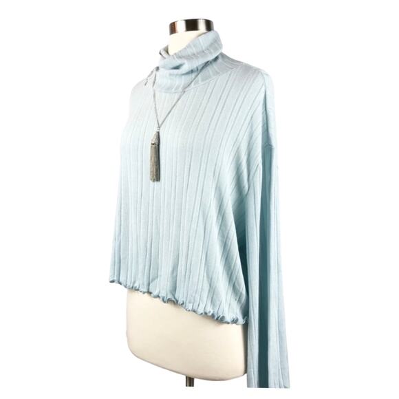 NORDSTROM ABOUND Ribbed Turtleneck Knit Sweater Lettuce Hem Long Sleeves Blue XL - Picture 2 of 9